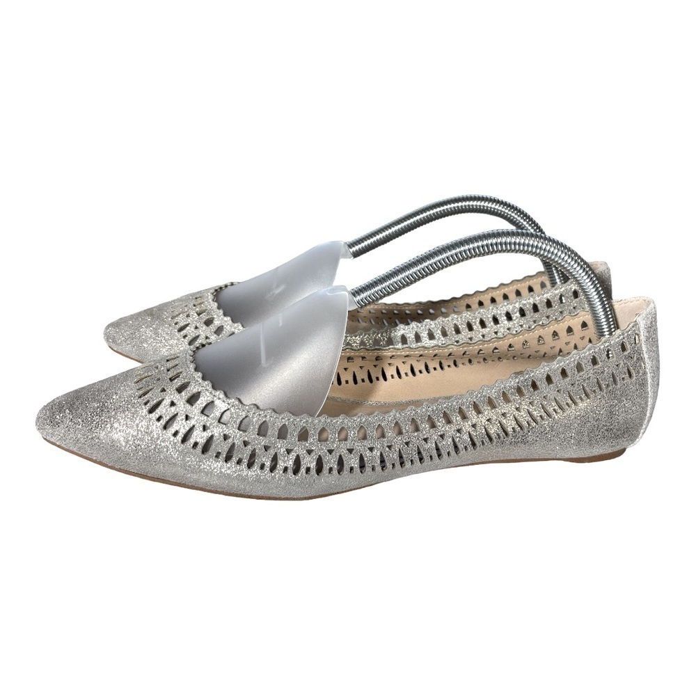 Joe’s Metallic Silver Leather Perforated Pointed Toe Flats Comfort Shoes Sz 10
